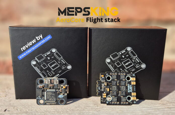 MEPS AeroCore Flight Stack with F7 flight controller and 45A ESC displayed on a table during a detailed review.