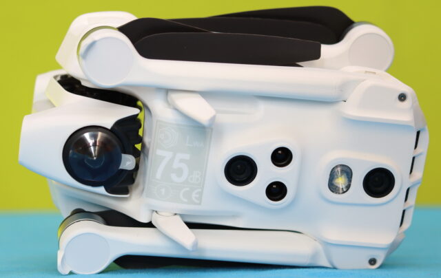 “Close-up of the Antigravity A1 drone showing its bottom sensors, including optical flow (OA) and time-of-flight (TOF) sensors.