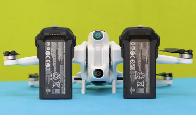 Antigravity A1 drone with standard battery next to a high-capacity battery for comparison.