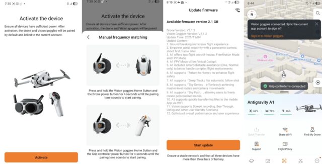 “Antigravity app displayed on a smartphone showing activation, binding and main screen
