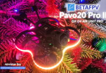 BetaFPV Pavo20 Pro II FPV drone resting on top of a Christmas tree, illuminated by colorful RGB LEDs.