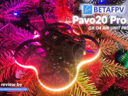 BetaFPV Pavo20 Pro II FPV drone resting on top of a Christmas tree, illuminated by colorful RGB LEDs.