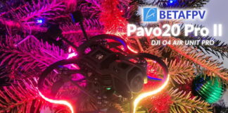 BetaFPV Pavo20 Pro II FPV drone resting on top of a Christmas tree, illuminated by colorful RGB LEDs.