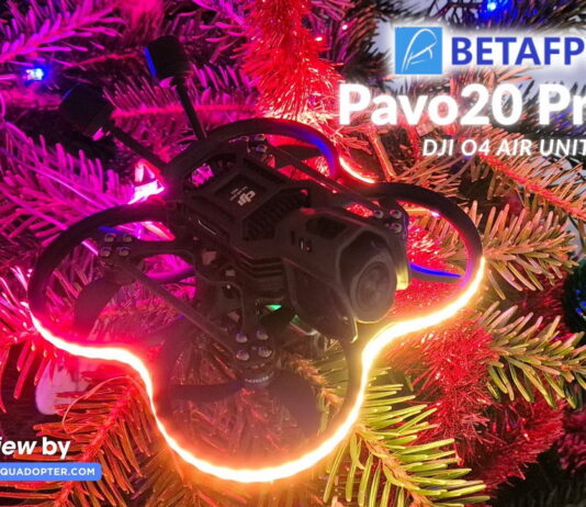 BetaFPV Pavo20 Pro II FPV drone resting on top of a Christmas tree, illuminated by colorful RGB LEDs.