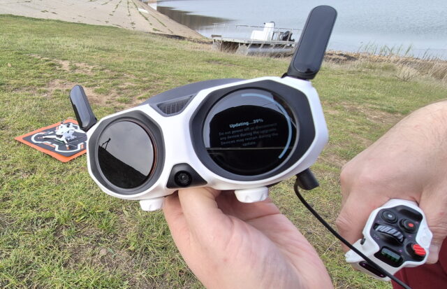 Close-up view of the outer display on Vision goggles showing system status and live information.