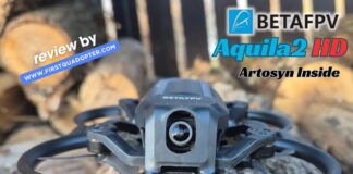 BetaFPV Aquila20 HD beginner FPV drone with prop guards and HD digital ArtLynk P1 camera, shown in flight and on the ground