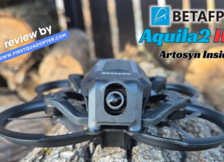 BetaFPV Aquila20 HD beginner FPV drone with prop guards and HD digital ArtLynk P1 camera, shown in flight and on the ground