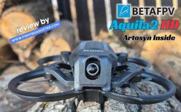 BetaFPV Aquila20 HD beginner FPV drone with prop guards and HD digital ArtLynk P1 camera, shown in flight and on the ground