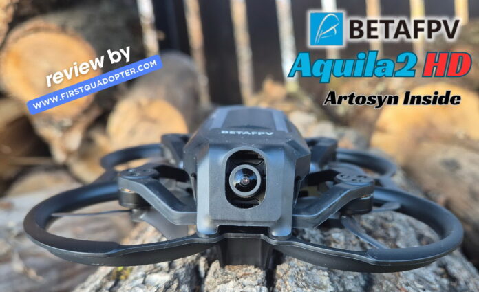 BetaFPV Aquila20 HD beginner FPV drone with prop guards and HD digital ArtLynk P1 camera, shown in flight and on the ground
