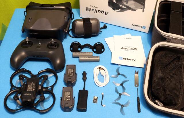 BetaFPV Aquila20 HD FPV drone unboxing, showing the drone, goggles and remote controller inside the box