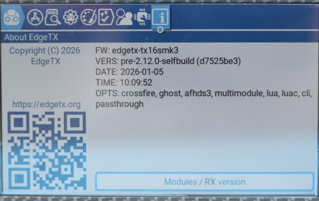 Screen capture of the RadioMaster TX16S MK3 displaying the EdgeTX firmware version rep-2.12.0-sefbuild dated 2026.01.05.