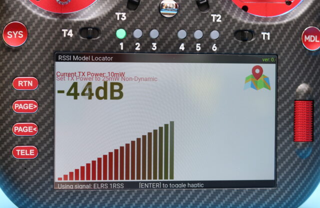 RadioMaster TX16S MK3 MAX RSSI model finder screen showing signal strength used to locate a lost drone.