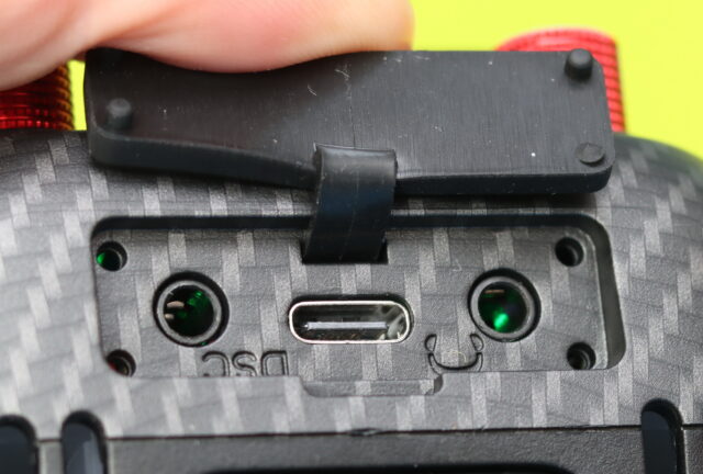 RadioMaster TX16S MK3 connectors showing the 3-in-1 USB Type-C port, headphone jack, and trainer DSC