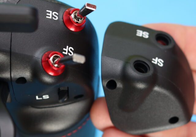 RadioMaster TX16S MK3 radio transmitter with the shoulder switch upgrade panel installed, showing the additional switches.