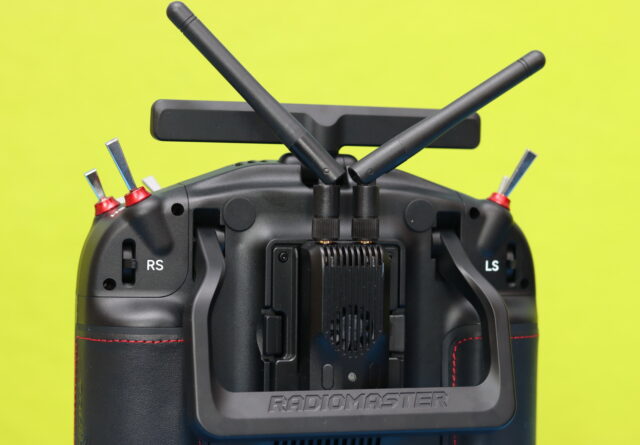 RadioMaster TX16S MK3 radio transmitter with an ELRS 1W Gemini TX module installed using a Micro Bay to Nano Bay adapter.