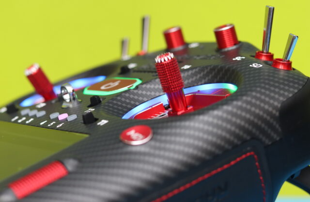 RadioMaster TX16S Mark III MAX showing AG02 CNC Hall sensor gimbals and CNC metal buttons.