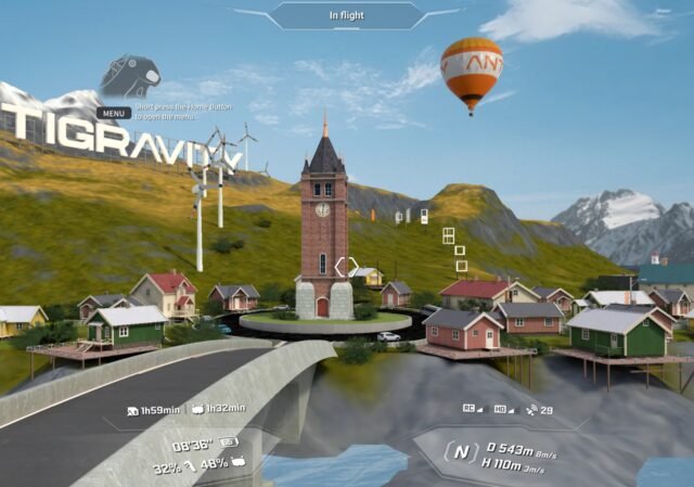 Antigravity flight simulator main interface showing a realistic FPV flight field