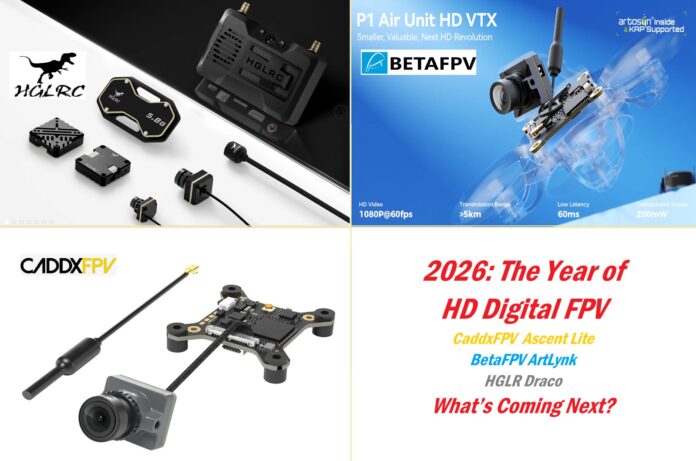 CaddxFPV Ascent, BetaFPV ArtLynk, and HGLRC Draco digital FPV cameras side by side