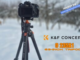 K&F CONCEPT O235A1 63-Inch tripod fully extended, shown on a flat surface during a review setup.
