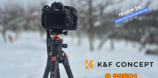 K&F CONCEPT O235A1 63-Inch tripod fully extended, shown on a flat surface during a review setup.