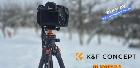 K&F CONCEPT O235A1 63-Inch tripod fully extended, shown on a flat surface during a review setup.