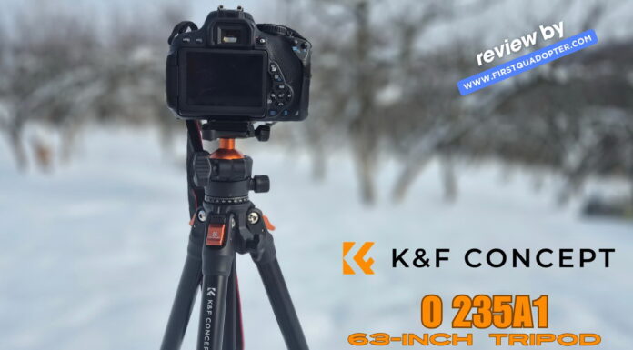 K&F CONCEPT O235A1 63-Inch tripod fully extended, shown on a flat surface during a review setup.
