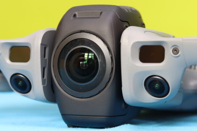 Close-up image of the DJI Avata 360 vision and LiDAR sensors showing the front obstacle detection system and sensor layout on the drone.