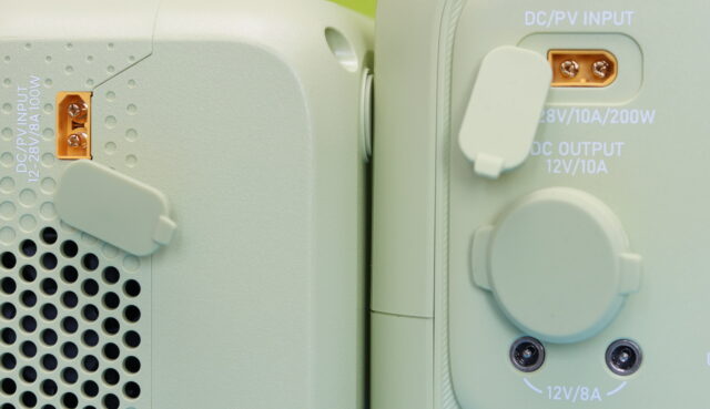 DC/PV XT60 input ports on the Bluetti Elite 10 and Bluetti Elite 30 V2 portable power stations shown side by side, highlighting the solar/charging input connectors.