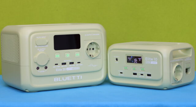 Front control panels of the Bluetti Elite 10 and Bluetti Elite 30 V2 portable power stations placed side by side, showing their buttons, ports, and LCD displays.