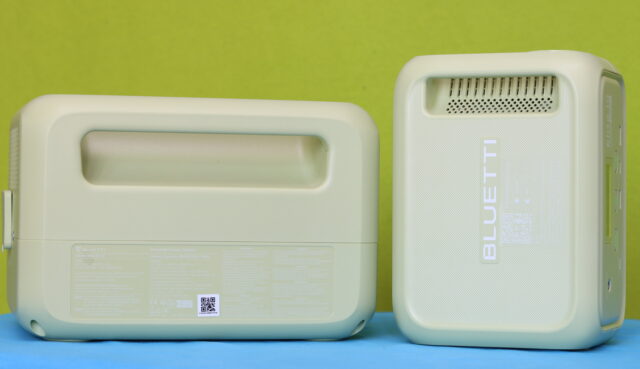 Built-in carry handles on the Bluetti Elite 10 and Bluetti Elite 30 V2 portable power stations shown side by side, highlighting the integrated handle design for easier transport.