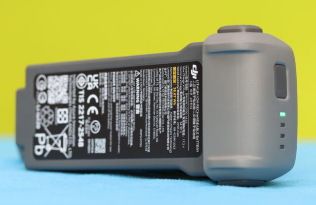 Photo of the DJI Avata 360 2700 mAh battery, showing the battery design, label, and contacts for the drone.