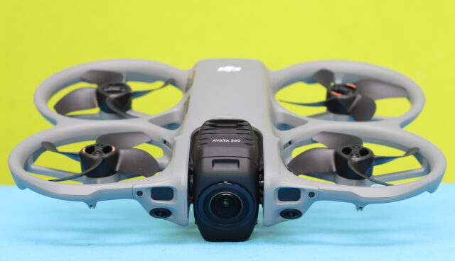 Photo of the DJI Avata 360 showing its compact Whoop-style design with ducted propellers and lightweight frame.