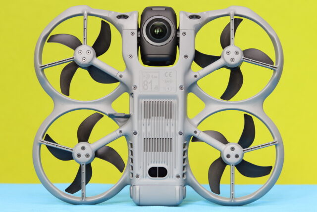 Close-up image of the DJI Avata 360 bottom sensors showing the downward vision sensors and positioning system on the underside of the drone.