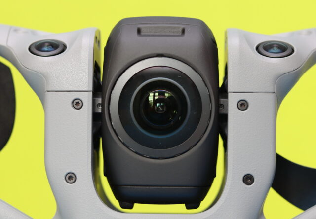 Close-up image of the DJI Avata 360 dual 1–1.1 inch sensor camera showing the dual-lens setup and camera module.
