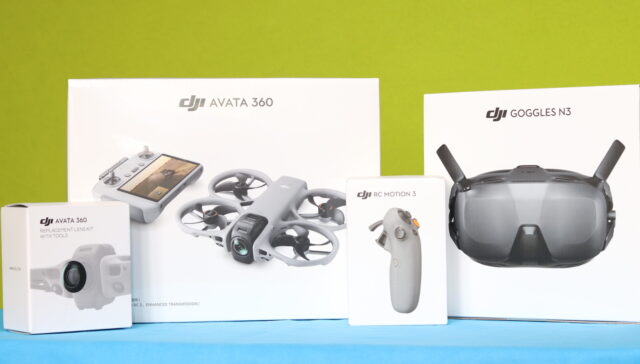 DJI Avata 360 media kit consists in the Fly More Combo package with Goggles N3, Motion Controller 3, lens replacement kit,