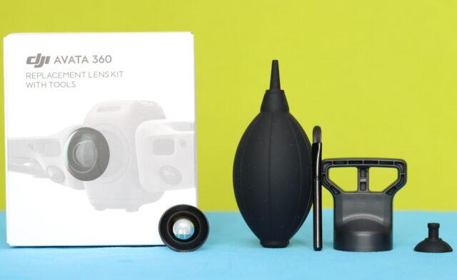 Photo of the DJI Avata 360 replacement lens kit, showing spare lenses and the included tools for installation.