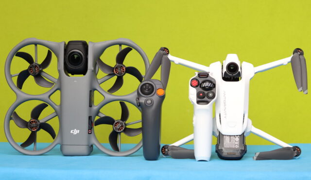 Side-by-side photo of the DJI Avata 360 and Antigravity A1 drones with their controllers and goggles, showing size and design differences.