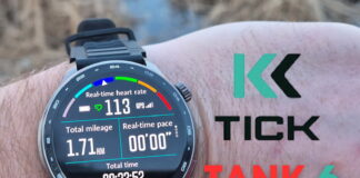 Close-up of the KKTICK Tank T6 smartwatch during a hands-on review showing its rugged design and digital display.