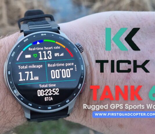 Close-up of the KKTICK Tank T6 smartwatch during a hands-on review showing its rugged design and digital display.