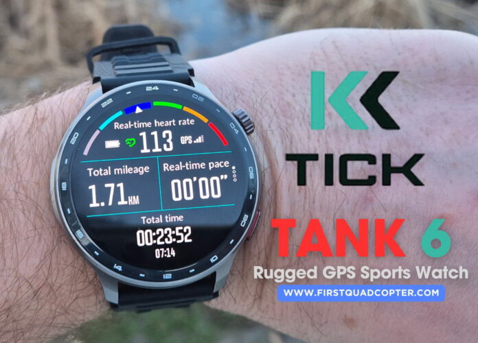 Close-up of the KKTICK Tank T6 smartwatch during a hands-on review showing its rugged design and digital display.