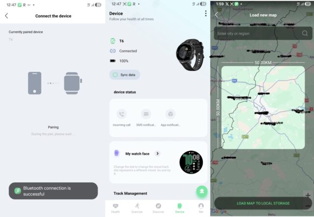 WearPro app interface on a smartphone showing connection and data from the KKTICK Tank T6 smartwatch.