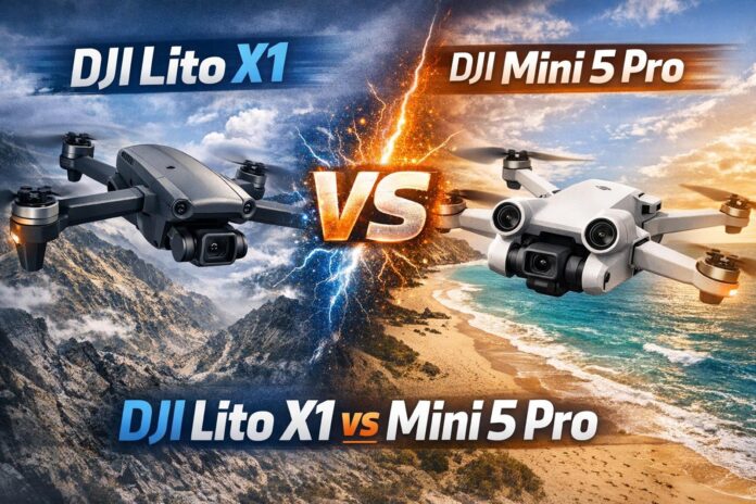 DJI Lito X1 vs DJI Mini 5 Pro side by side comparison of sub-250g drones