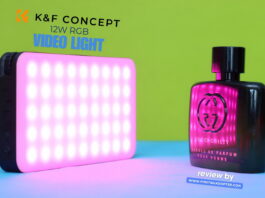 K&F Concept RGB LED Panel: Compact 12W Video Light for Creators K&F Concept 12W RGB video light mounted on a camera rig, emitting colorful ambient lighting in a low-light shooting setup