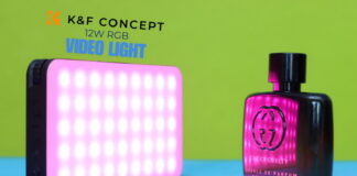 K&F Concept 12W RGB video light mounted on a camera rig, emitting colorful ambient lighting in a low-light shooting setup
