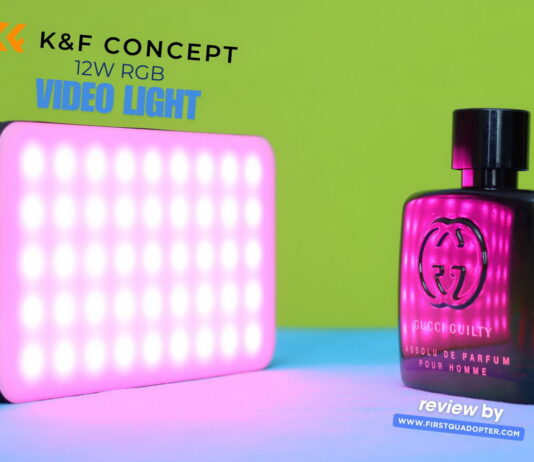 K&F Concept 12W RGB video light mounted on a camera rig, emitting colorful ambient lighting in a low-light shooting setup