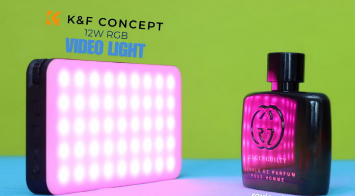 K&F Concept 12W RGB video light mounted on a camera rig, emitting colorful ambient lighting in a low-light shooting setup