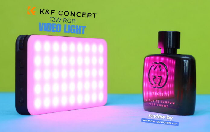 K&F Concept 12W RGB video light mounted on a camera rig, emitting colorful ambient lighting in a low-light shooting setup