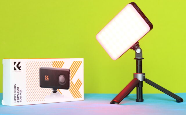 K&F Concept 12W video light mounted on a small tripod, positioned for lighting a scene during filming or photography