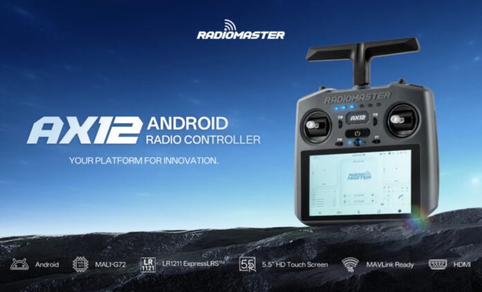 RadioMaster AX12 Android Radio Controller RadioMaster AX12 Android-based radio controller with touchscreen display and control sticks