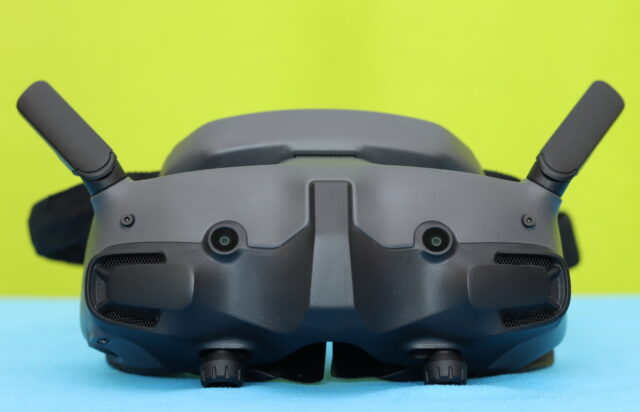 Front view of DJI Goggles 3 showing dual binocular cameras used for live view
